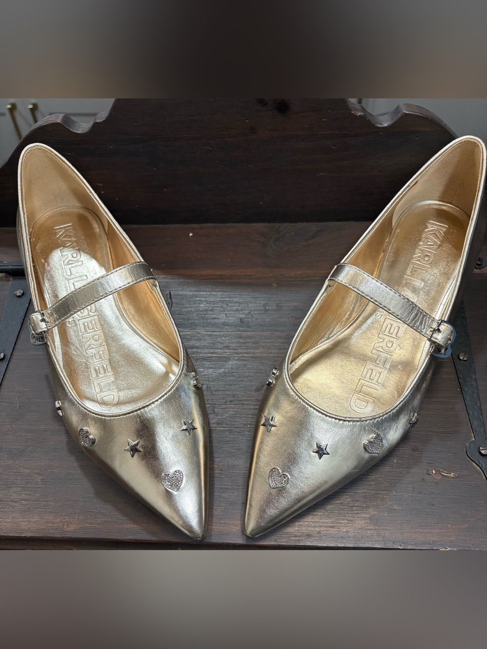 Karl Lagerfeld Veyda Metallic Mary Jane Pointed Flats with Stud Accents